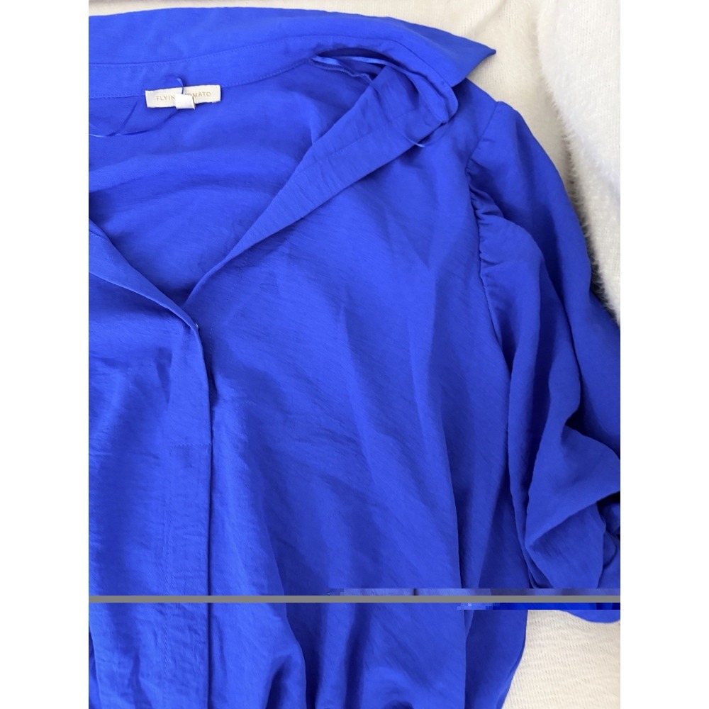 Flying Tomato Top Womens L Cobalt Blue Bubble Hem Blouse Puff Sleeve Collared - Picture 3 of 8